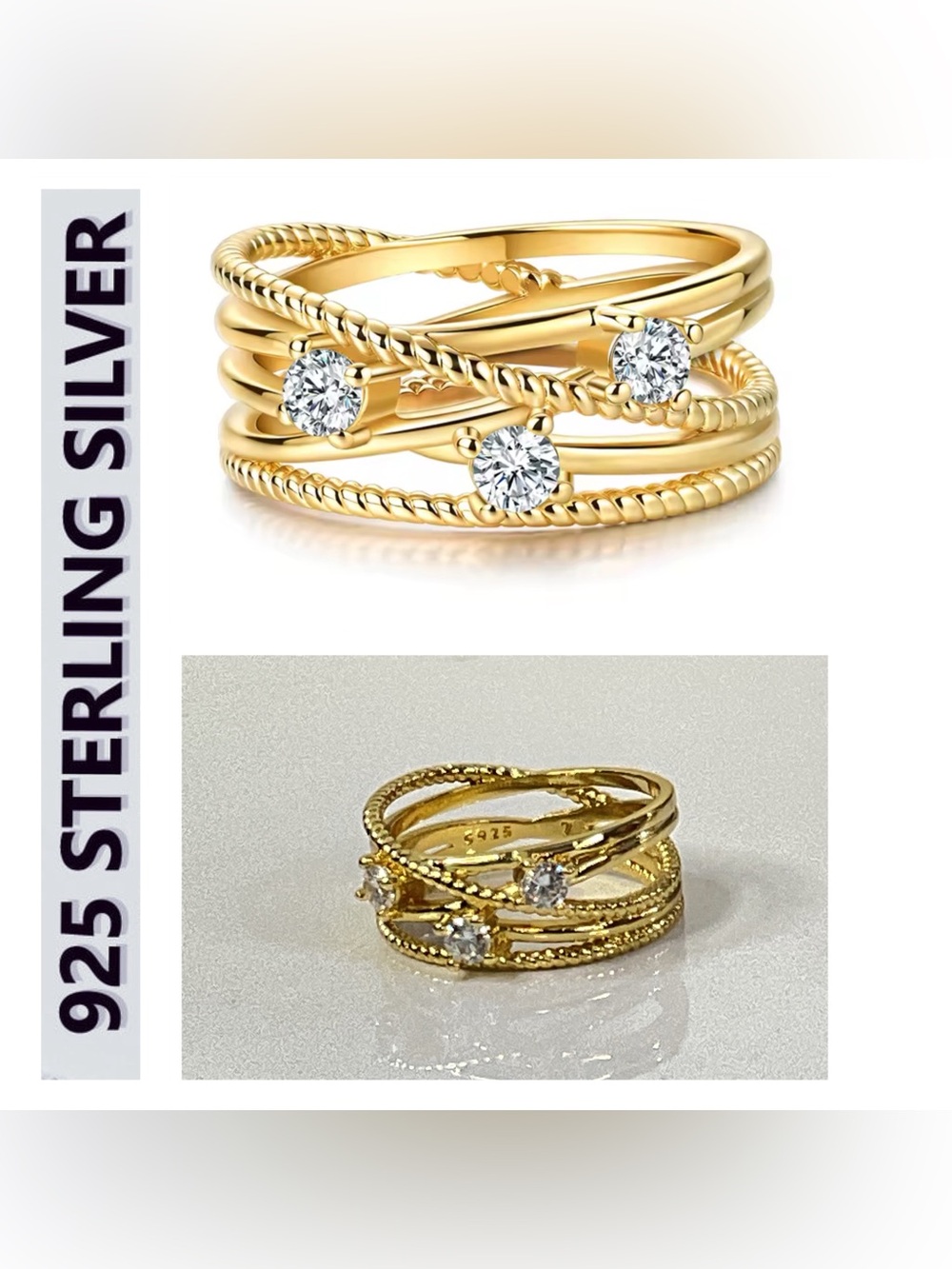 🌟🌟 18K Gold Plated Multi-Band Cubic Zirconia Ring